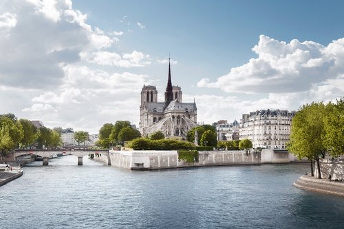 Blick auf die Kathedrale Notre-Dame de Paris von der Seine aus mit Brücken, Bäumen und historischen Gebäuden bei bewölktem Himmel.